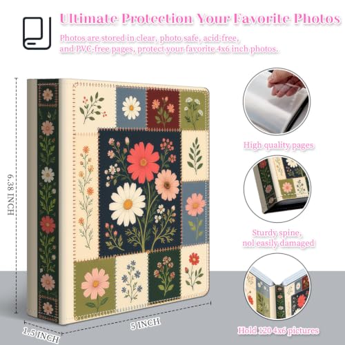 Image of Photo Album 4x6 120 Pockets Patchwork Wildflower | 120 clear 4x6 photo pockets, strong elastic band, compact album, family travel wedding use, patchwork wildflower cover