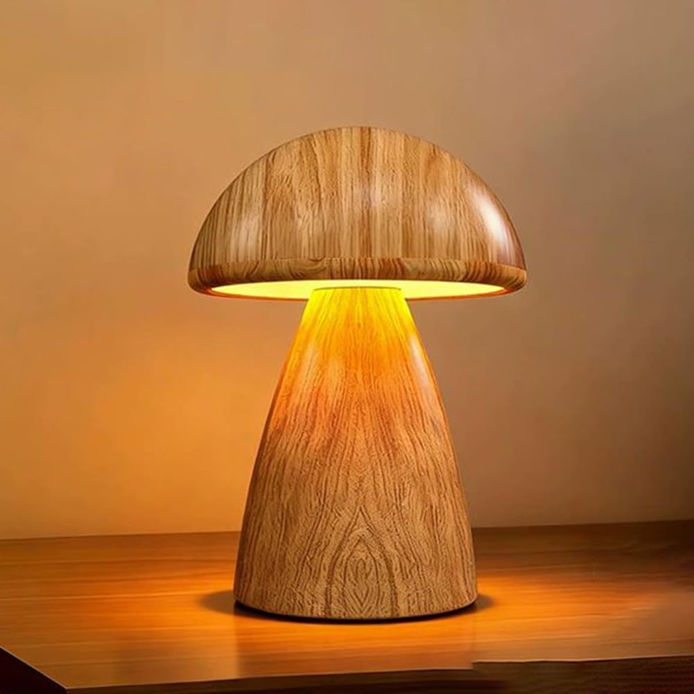 LOGT LED Mushroom Table Lamp, Wooden, Rechargeable, Bedside Lamp, Battery-Powered, USB Rechargeable, Mushroom Light, Wireless, Dimmable, Touch Switch, Table Light, Modern Children's Lighting,A