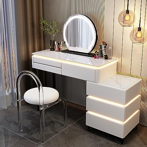 Elegante mesa de tocador blanco perla con luces LED y espejo, escritorio de maquillaje de madera con 6 cajones espaciosos, taburete acolchado, elegante juego de piel para vestidor glamuroso