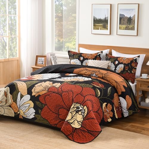 Image of Andency Floral Boho Quilt Super King Plus Size Bedding Set Black, 3 Pieces Farmhouse Flower Botanical Summer Bedspreads with 2 Shams, Soft Reversible Polyester Coverlet Set for All Season, 128 inchx120 inch