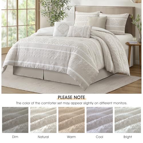 Image of LANCO MODERN LIFESTYLE 7 Piece Queen Comforter Set, Beige, Elegant Jacquard with Patchwork, Stylish and Cozy Bedding Collection, Premium Bedding Set with Bedskirt, Shams and Pillows