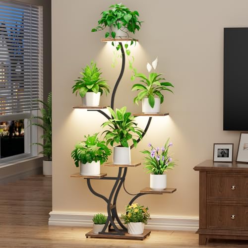 Image of JUSTOGO 7 Tier Plant Stand with Grow Lights, Tall Indoor Plant Shelf | 7 Tiered Shelf for Multiple Plants, Full-Spectrum Grow Lights, 59 inch Corner Design for Small Spaces, For Patio, Home Decor