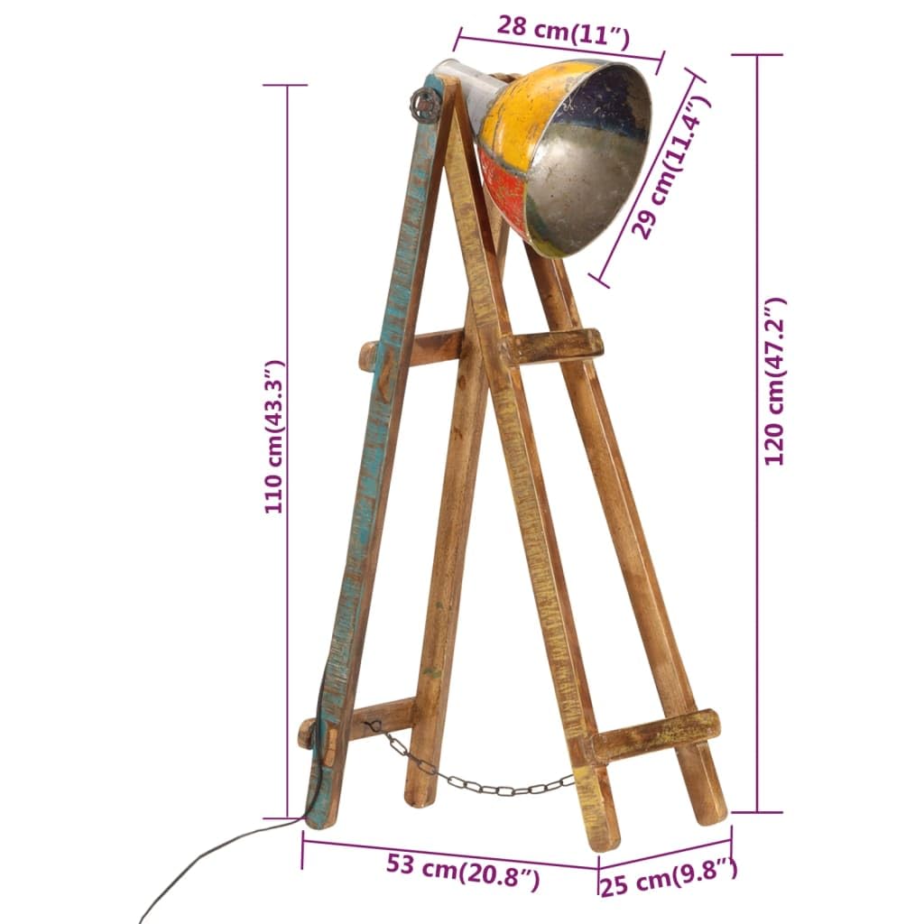 Lampa stojąca wielokolorowa z litego drewna mango z oprawką E27 25 W, regulowany klosz, styl industrialny i retro do salonu, sypialni, biura