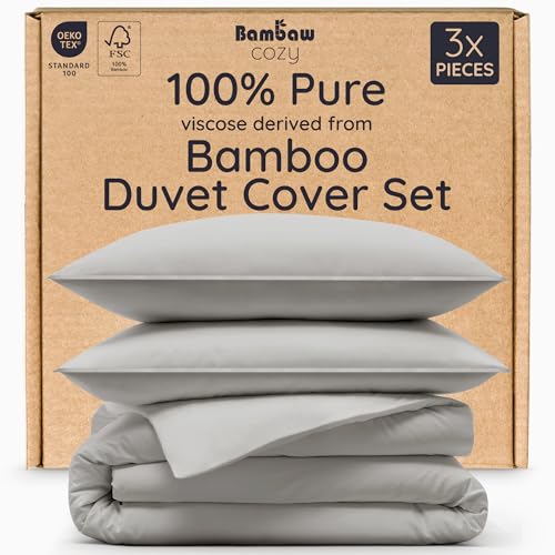 Bambaw 100% Viscose Derived from Bamboo Duvet Cover Queen Size – 3 Pieces Cooling Duvet Cover Queen Size Set, Super Soft Duvet Cover Queen, Breathable Duvet Cover, No Comforter (Moonlight Gray)