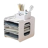 収納トレイ 卓上ファイルラック書類ケース 横型 4段 レターケース A4 卓上整理 書類棚 新聞/雑誌/フォルダー/書類 収納 机上 置く棚 組み立て式 書類整理 事務用品 ペン立て付き