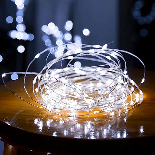 HHMTAKA 10M Garland String Lights for Bedroom 100 LED Cluster Light Battery Operated Silver Wire Fairy Lights Wedding Party Decor Light for Tree Vase Window (White)
