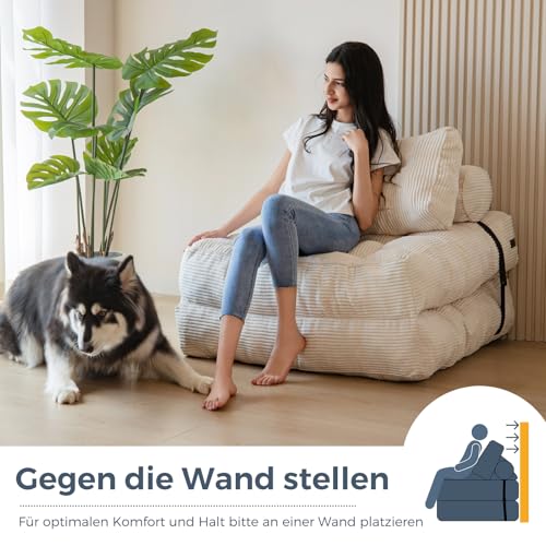 MAXYOYO Faltbares Schlafsofa umwandelbarer Schlafsessel mit Kissen, Matratze mit Rückenstütze, tragbarer Stuhl-Bett-Komfortable Bodensofa-Lounge für Wohnzimmer Schlafzimmer, Beige