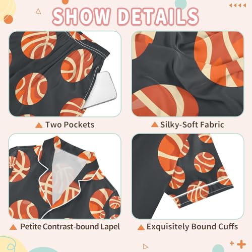 senya Basket Ball on Black Satin Summer Pajama Sets Silk Short Sleeve Button Down Sleepwear3