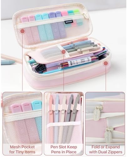 Four Candies 56 PCS Aesthetic School Supplies with Large Pencil Case, 6 Colored Ballpoint Pens, 12 Pastel Highlighters, 5 Black Ink Gel Pens, 9 Mechanical Pencils 0.5-2.0mm Student Essentials (Pink) 3