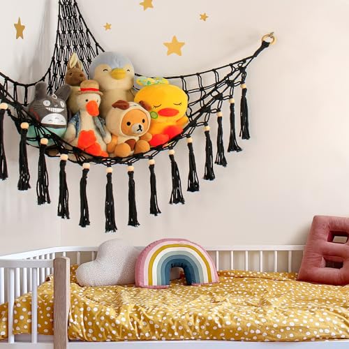 Image of Stuffed Animal Toy Storage Hammock with LED Light - Macrame Jumbo Doll Corner Stuff Animals Organizer Decorations - Cute Hanging Plushie Net Kids Baby Nursery Bedroom Room Decor