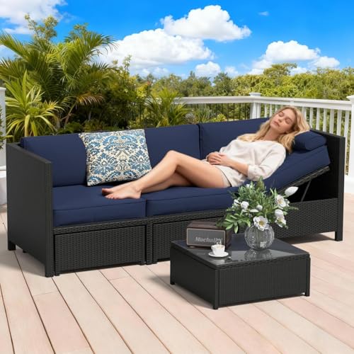 Image of 4 Pieces Outdoor Patio Furniture Set, Sectional Convertible Sofa Bed, Rattan Patio Conversation Sets with Side Table for Garden, Patio, Backyard, Black & Navy Blue