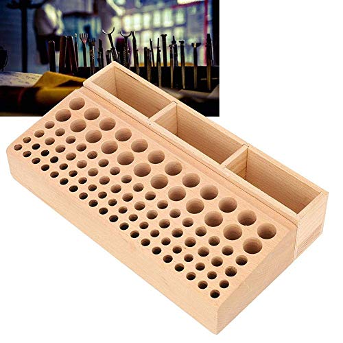 Estink 98 Holes Leather Craft Tool Holder Box, Wooden Leather Tool Holder with Different Sizes, Rustic Style, Beige