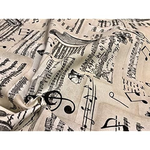 HomeBuy Vintage Violin & Music Notes Fabric for Curtains Upholstery cotton material - Black and Cream musical note print canvas - 140cm wide (sold by Metre) Cover