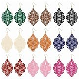 Boho Wooden Dangle Drop Earrings for Women, Vintage Lightweight Retro Geometric Filigree Cutout Tiered Disc Statement Jewelry Pack (Statement Filigree Cutout 9 Colors)