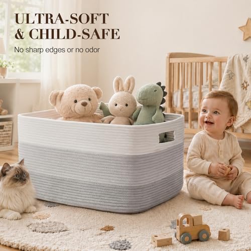 Image of OIAHOMY Large Blanket Basket, 22 inchx17 inchx12 inch Laundry Baskets, Nursery Blanket Storage Living Room, Toy Storage With Handle, Rectangle Woven Baskets-Gradient Grey
