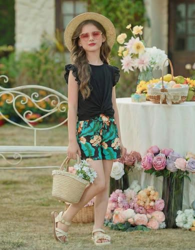 Image of Arshiner Girls Shorts Sets 2 Pieces Outfits Twist Front Ruffle Sleeve T-Shirts and Shorts With Pockets Cute Clothes Sets
