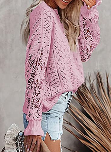Image of Dokotoo Womens Crewneck Crochet Lace Long Sleeve Hollow Out Cable Knit Sweaters Pullover Tops