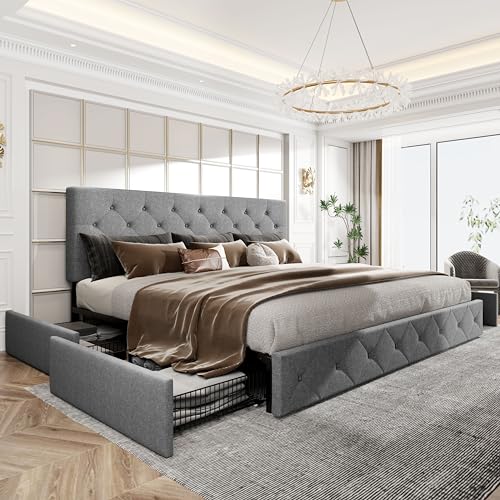 HOOMIC King Platform Storage Bed Frame with 4 Drawers & Adjustable Headboard, Wooden Slats, No Box Spring Needed,Diamond Stitched Button Tufted Design, Noise Free, Light Grey