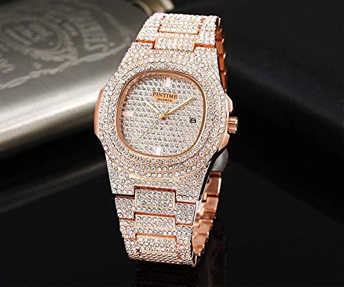 PINTIME Luxury Mens/Womens Unisex Diamond Watch Bling Iced-Out Watch Oblong Wristwatch Crystal Quartz Watch