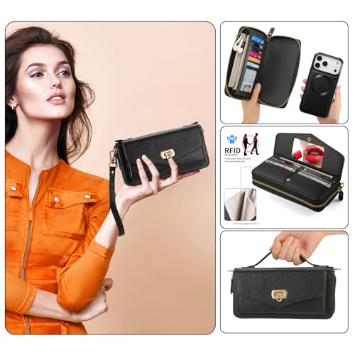 REEGINCH Crossbody Wallet Case for iPhone 17 Pro Max 6.9", Magnetic Detachable PU Leather Case with RFID Blocking Card Holder, Wristlet & Shoulder Strap, Flip Zipper Clutch Purse for Women - Black B by REEGINCH - Image 2