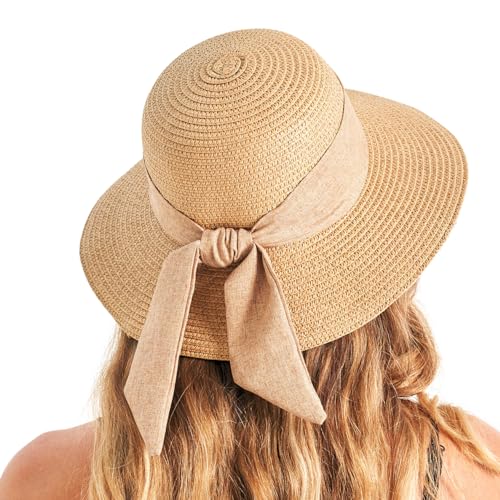 Gajaous Beach Sun Hats for Women UPF 50+, Wide Brim Straw Hat for Women with Bow Decoration, Lightweight Foldable Packable Summer Travel Straw Sun Hat