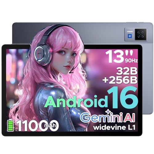 DOOGEE U13 13 inch Tablet with Gemini AI,Android 16 Tablet,11000mAh Battery,32GB+256GB,2.2Ghz Octa-Core Processor,FHD+90Hz Display Gaming Tablets,13MP+8MP,7.9mm Ultra-Thin Body,Face Unlock,Grey