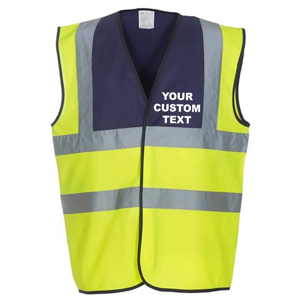 (S) YK001 Personalised Hi-vis 2-Band-and-Braces Waistcoat, Custom Text Hi vis Vests Navy-Yellow Front Print Small