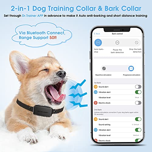 Dr.trainer Bark Collar With Remote, Quick Charge Ipx8 Waterproof Dog Shock Collar With App, Free Combination Mode With Custom Sound/Vibration/Shock (T1Spro Include B1Spro All Functions) #TOP3
