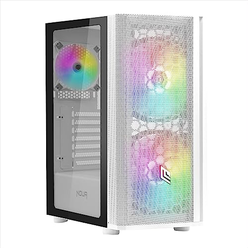 Noua Orizon M111 Bianco Case ATX per PC Gaming, Supporta E-ATX, 0.50MM SPCC, 3 Ventole LED ARGB Indirizzabile Frontale Mesh e Pannello Laterale in Vetro Temperato