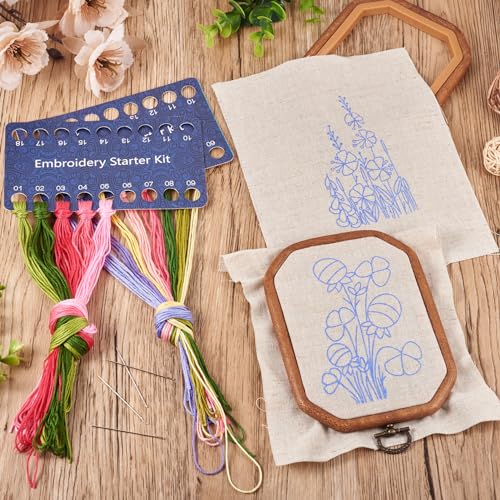 Image of Magibeads 2 Sets Flower Patterns Embroidery Starter Kit for Beginners Hand Embroidery Kit with Embroidery Hoop Floss Fabric Instruction Cross Stitch Kits for Adults Gifts