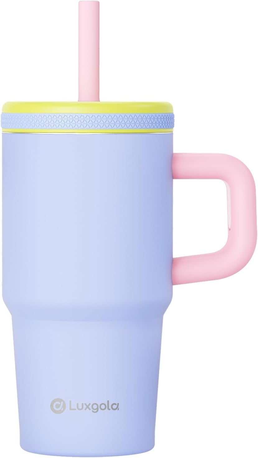 Luxgola Kids 20 oz Tumbler with Handle, Leak-Proof Screw-On Lid with Removable Silicone Straw, Spill Proof, Reusable Stainless Steel Insulated Water Bottle, Gifts for Boys and Girls, Ice Blue Mix