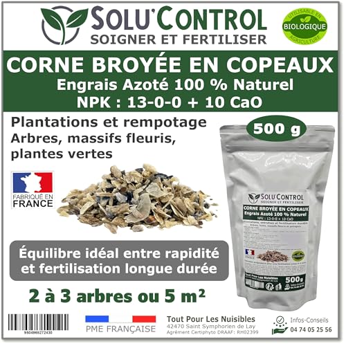 500 g de Corne Broyée en Copeaux SoluControl - Engrais Azoté 100% Naturel - Fertilisation Équilibrée pour Arbustes, Haies et Massifs Fleuris - Utilisable en Agriculture Biologique