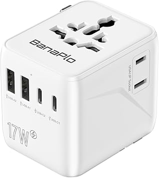 Universal Travel Adapter, Worldwide Travel Plug Adapter with Extra US Socket, 2 USB-C and 2 USB-A Ports, All in One International Travel Adapter for UK, EU, USA, Australia etc.