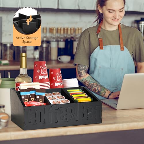 Coffee Bar Organizer for Accessories, Wood Station for Countertop, Farmhouse Pod Syrup Holder, Condiment Organizer for Decor (Black) - Thumbnail 3