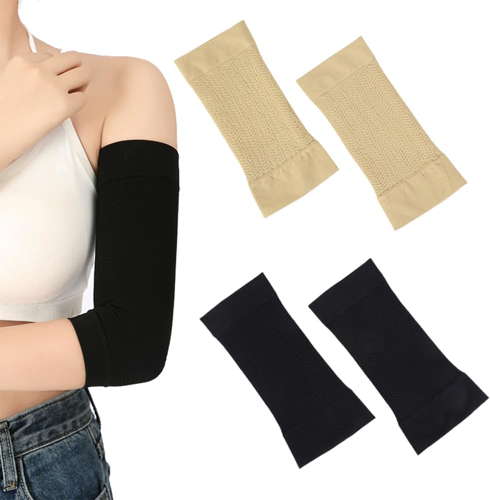 Happyupcity 2 Pairs Arm Compression Sleeves for Women, Slimming Upper Arm Shaper Wraps, Black + Nude Tone Shaping Sleeves for Flabby Arms, Sun Protection & Tattoo Cover Up