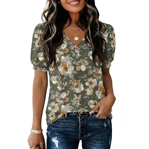 Rapbin Womens Summer Tops Puff Short Sleeve Shirts V Neck Blouses Business Casual Tunic Spring Fashion Clothes 2026