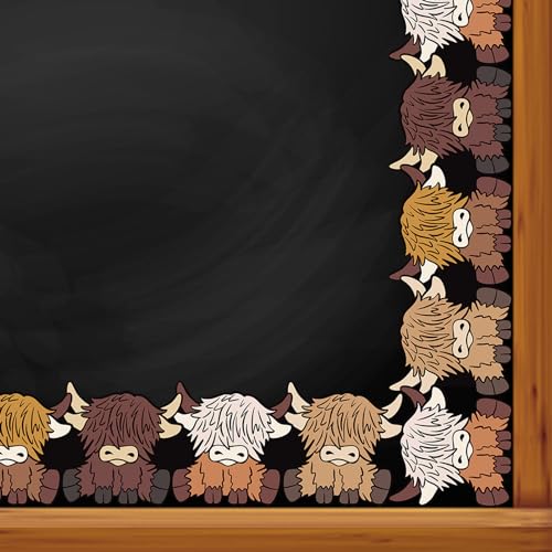 Image of Whaline 32.8 Ft Highland Cow Bulletin Board Borders | Cute Brown Cow, Die-Cut Rolled Border Trim, for Back to School Classroom Office Chalkboard Decoration