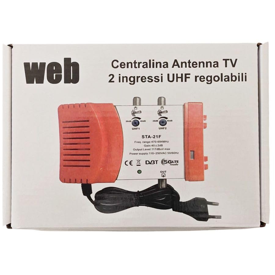 Centralina TV da interno 2 ingressi UHF regolabili – guadagno fino a 40 dB, filtro 4G/5G, alimentazione 12 V – connettori F, livello uscita fino a 125 dBμV
