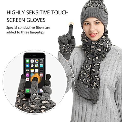 Winter 3 in 1 Scarf Hat Glove Set for Women Beanie Hat Long Scarf Touch Screen Gloves Leopard Knitted with Pom Pom4