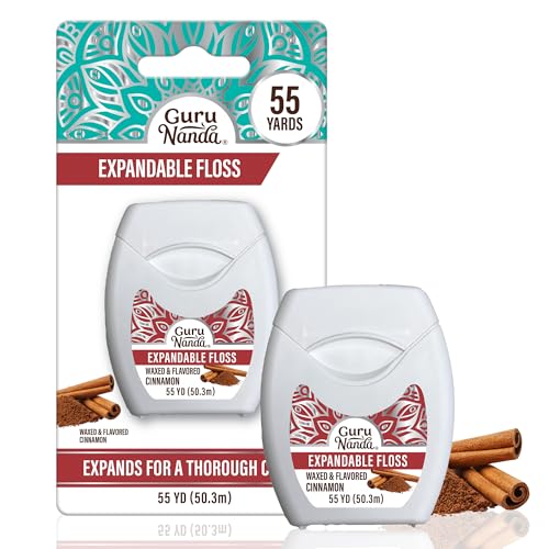 GuruNanda Expandable Waxed Dental Floss for Gentle, Deep Cleaning Wide Teeth Flossing - Cinnamon Flavor - 55 Yards