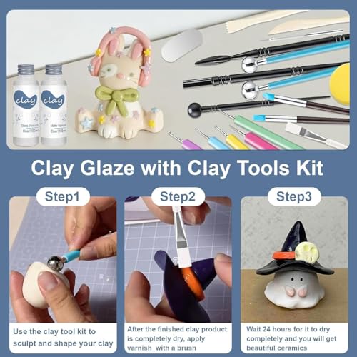 1DFAUL 30Pcs Air Dry Clay Varnish with Sculpting Tools Kit, 2 x 100ml Gloss Matte Clay Glaze for High Luster Scratch Resistant, Waterproof, Pottery Tool kit to Sculpting, Modeling, Shaping by 1DFAUL - Image 2