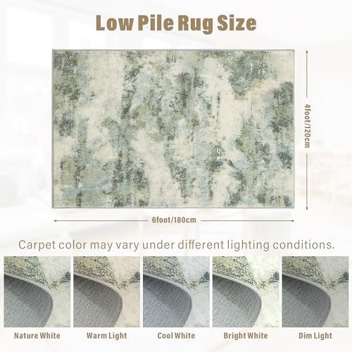 Carvapet Rugs for Living Room, Green Modern Abstract Low Pile Carpet with Rubber Backing, Foldable, Non Slip Machine Washable (6 x 4 Feet Rectangular, Sage Green Area Rug)