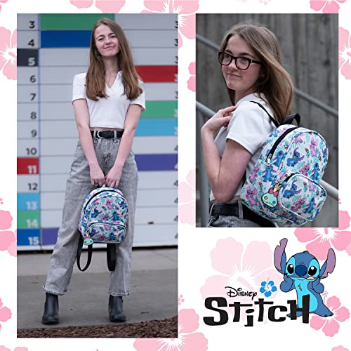 Disney Stitch & Angel Mini Backpack With Allover Print & Molded Scrump Dangle, 10.5 Inches, Adjustable Straps, Faux Leather #TOP6