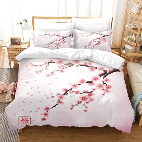 PORJDN Housse de Couette Japonais Parure de Lit Fermeture Éclair, Housse de Couette, samouraï Japonais, taie d'oreiller imprimée avec Branches de Fleurs botaniques,...
