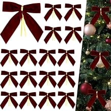 Christmas Velvet Bows Burgundy 24 Pack 3.5 Inch Holiday Tree Ornaments with Twist Tie Febwind Decorative Ribbon Bows for Christmas Tree, Wreath, Gift Wrapping & Party Decoration