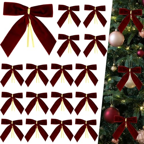 Christmas Velvet Bows Burgundy 24 Pack – 3.5 Inch Holiday Tree Ornaments with Twist Tie Febwind Decorative Ribbon Bows for Christmas Tree, Wreath, Gift Wrapping & Party Decoration