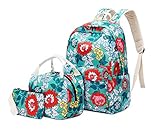 Joymoze Teen Girl School Backpack with Insulated Lunch Bag Pencil Purse Green Flower One_Size