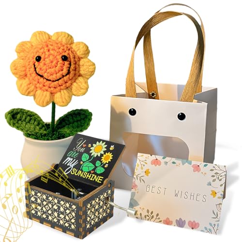 Birthday Gifts for Mom, You are My Sunshine Wood Music Boxes and Knitted Positive Sunflower Crochet, Sunshine Hand Crank Musical Box Gifts for Woman