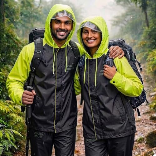 Image of Roughhouse Raincoat for Men & Women Heavy Duty Waterproof Rain Suit with Jacket & Pant for Bike Riding | Hooded High-Visibility Unisex Raincoat | Foldable Monsoon Rain Coat - Charcoal & Neon, Size XXL