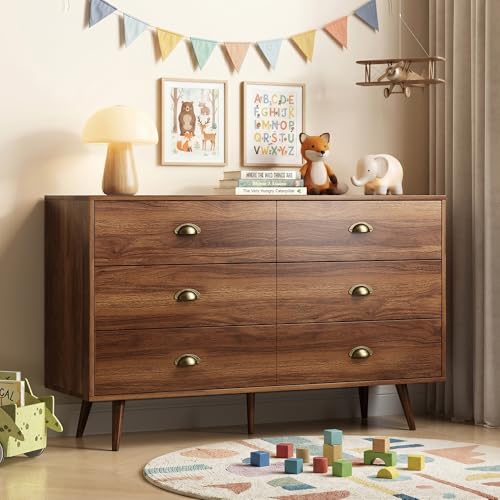 Image of Walnut 6 Drawer Dresser for Bedroom, 47 inch Wood Dresser with Gold Handles.